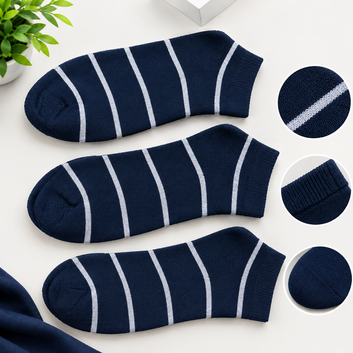 Men’s Striped Ankle Socks – 3 Pairs Color Pack | Black, Navy Blue & Grey